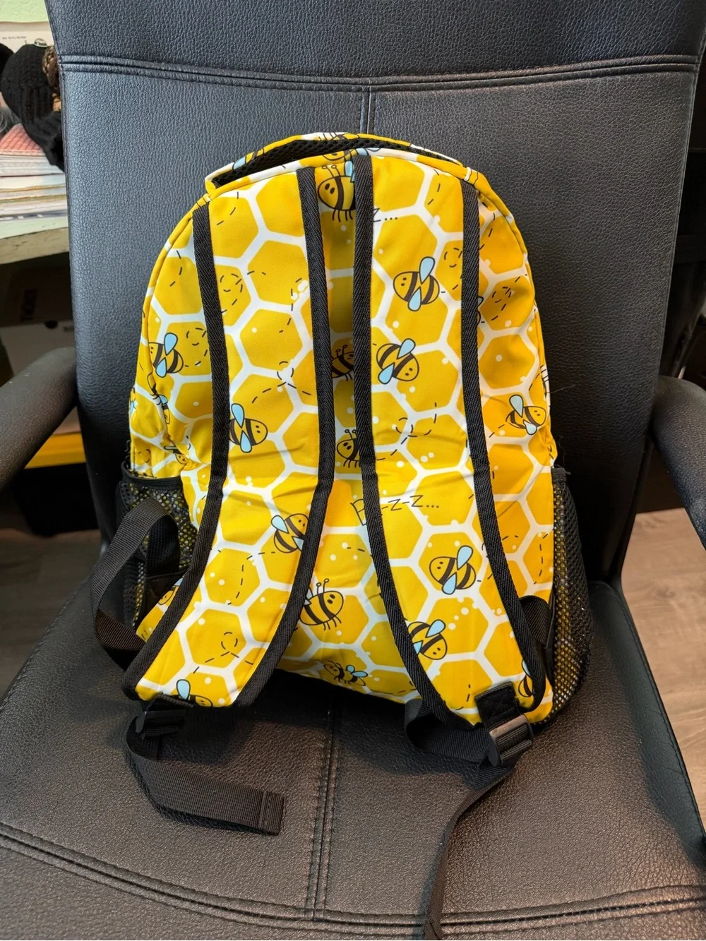 Kids Yellow Bee Print Backpack - Cute Honeycomb Design